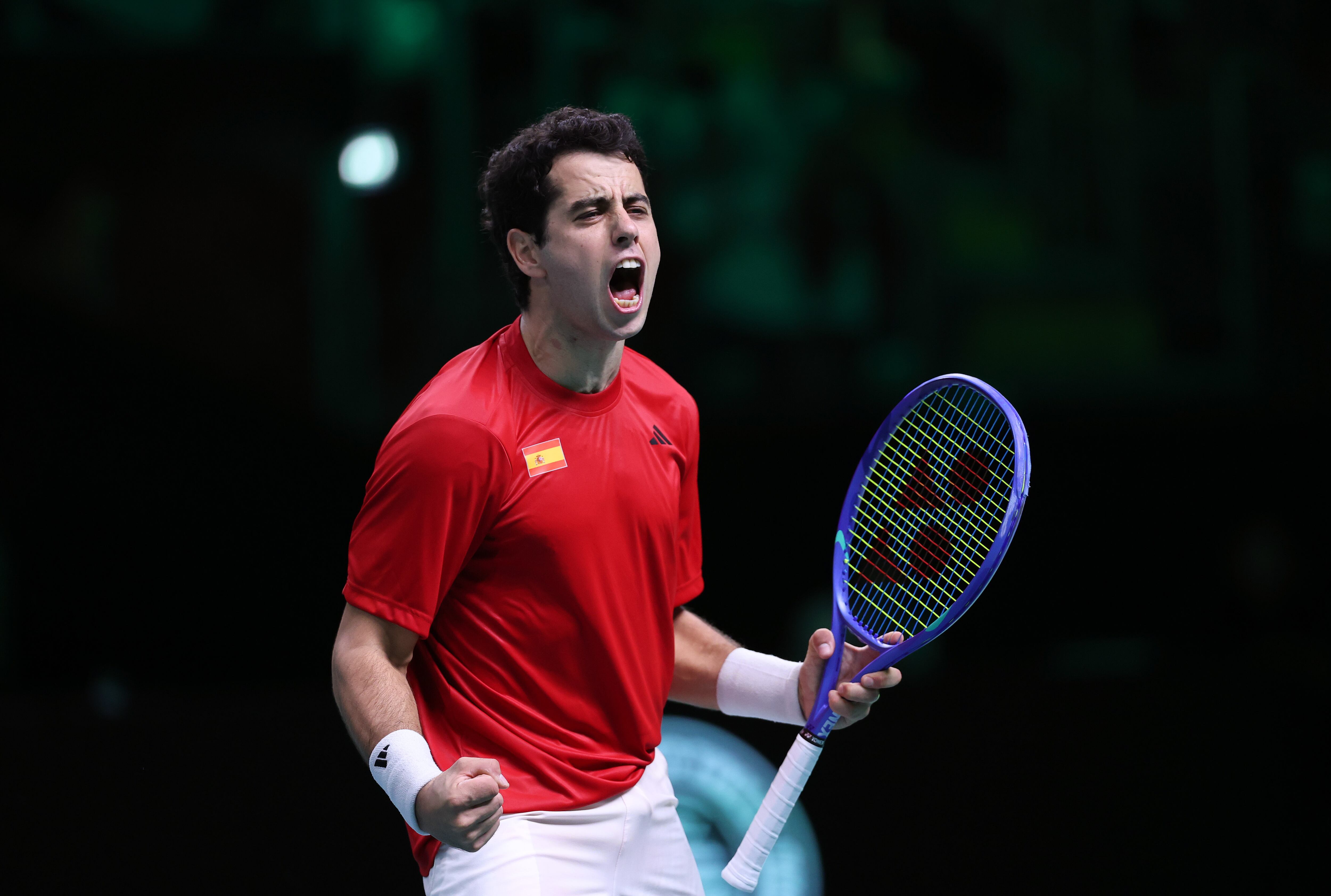 BOLOGNA, ITALY - NOVEMBER 20: Jaume Munar of Spain celebrates match point against Jiri Lehecka of Czechia following the Davis Cup Quarter-Final match between Spain and Czechia at BolognaFiere Exhibition Centre on November 20, 2025 in Bologna, Italy. (Photo by Clive Brunskill/Getty Images for ITF)