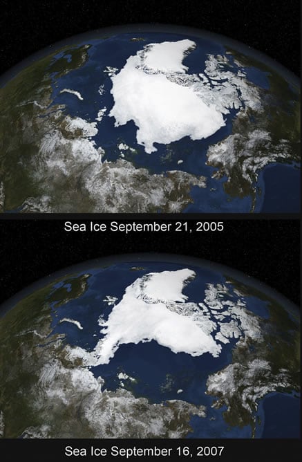 En la imagen de arriba, el Ártico en septiembre de 2005; abajo, dos años después.