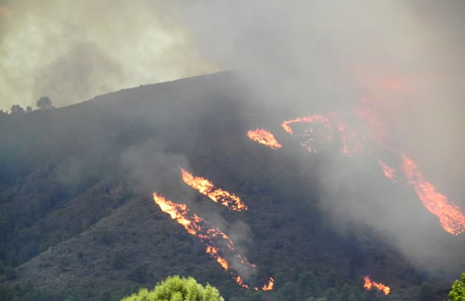 Vista del incendio que se ha declarado este domingo en la pedanía de Mingogil, del término municipal de Hellín, en las estribaciones de la Sierra de los Donceles, junto al río Mundo