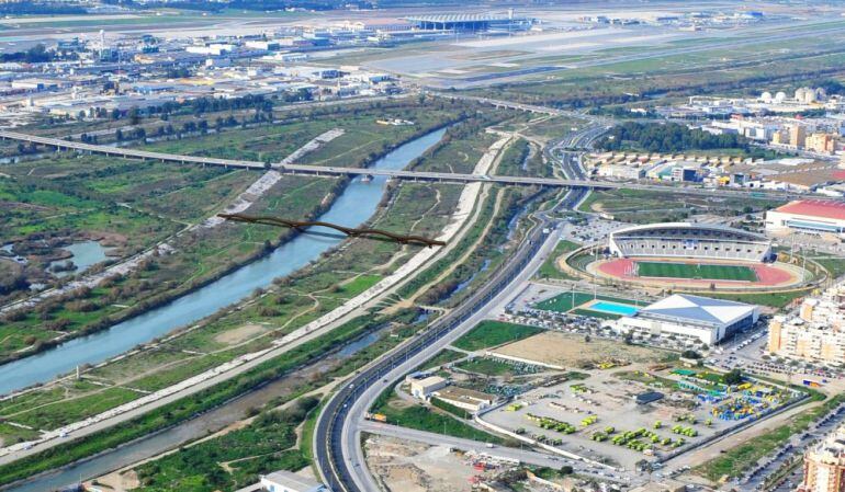 Recreación de la pasarela peatonal por el río Guadalhorce