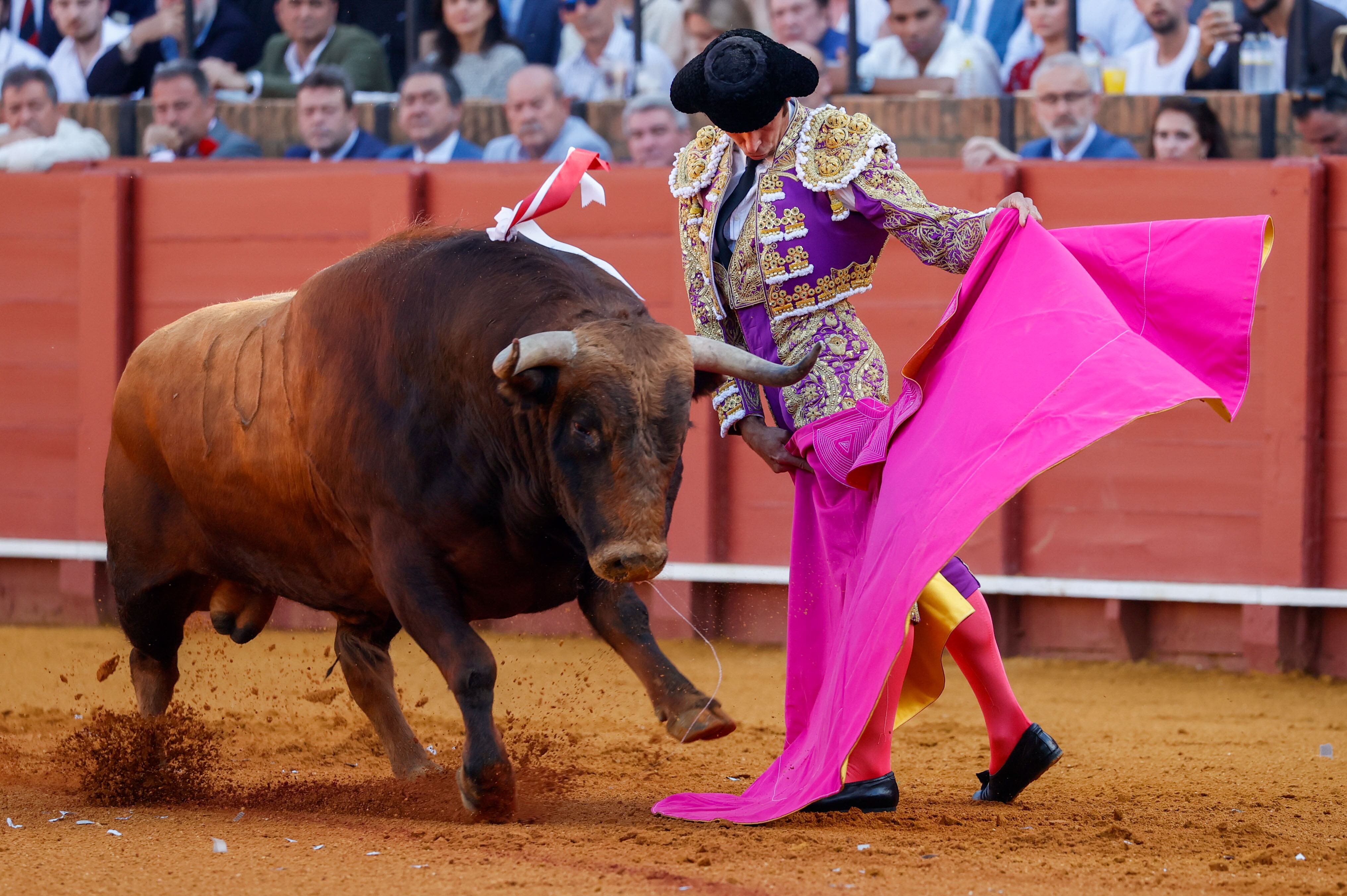 SEVILLA, 16/04/2024.- El diestro Cayetano lidia su primer toro de la tarde durante la corrida celebrada este martes, en la plaza de La Maestranza, en Sevilla, con toros de Garcigrande. EFE/José Manuel Vidal
