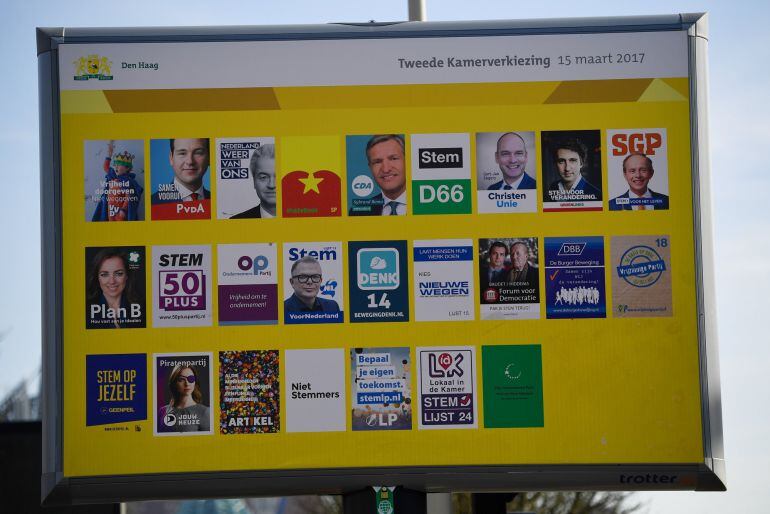 Panel con los candidatos que se presentan a estas elecciones de Holanda, que se celebran el próximo miércoles.