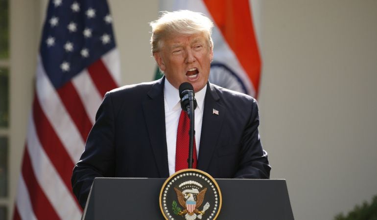 El presidente de Estados Unidos, Donald Trump en una conferencia en la India.