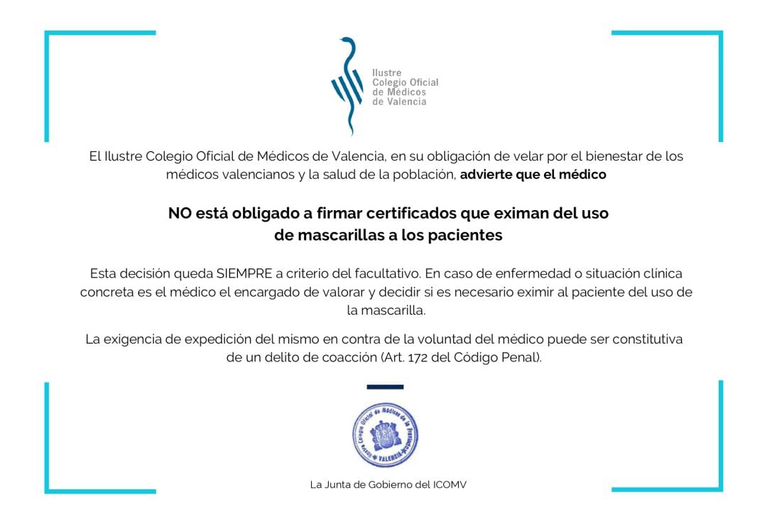 Comunicado del Colegio de Médicos a todos sus colegiados