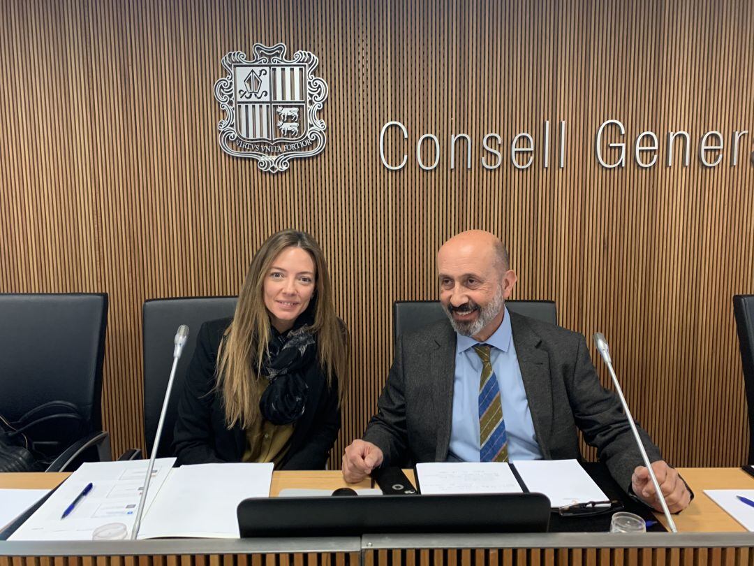 Helena Mas i Joan Martínez Benazet abans de la compareixença davant la comissió legislativa de salut