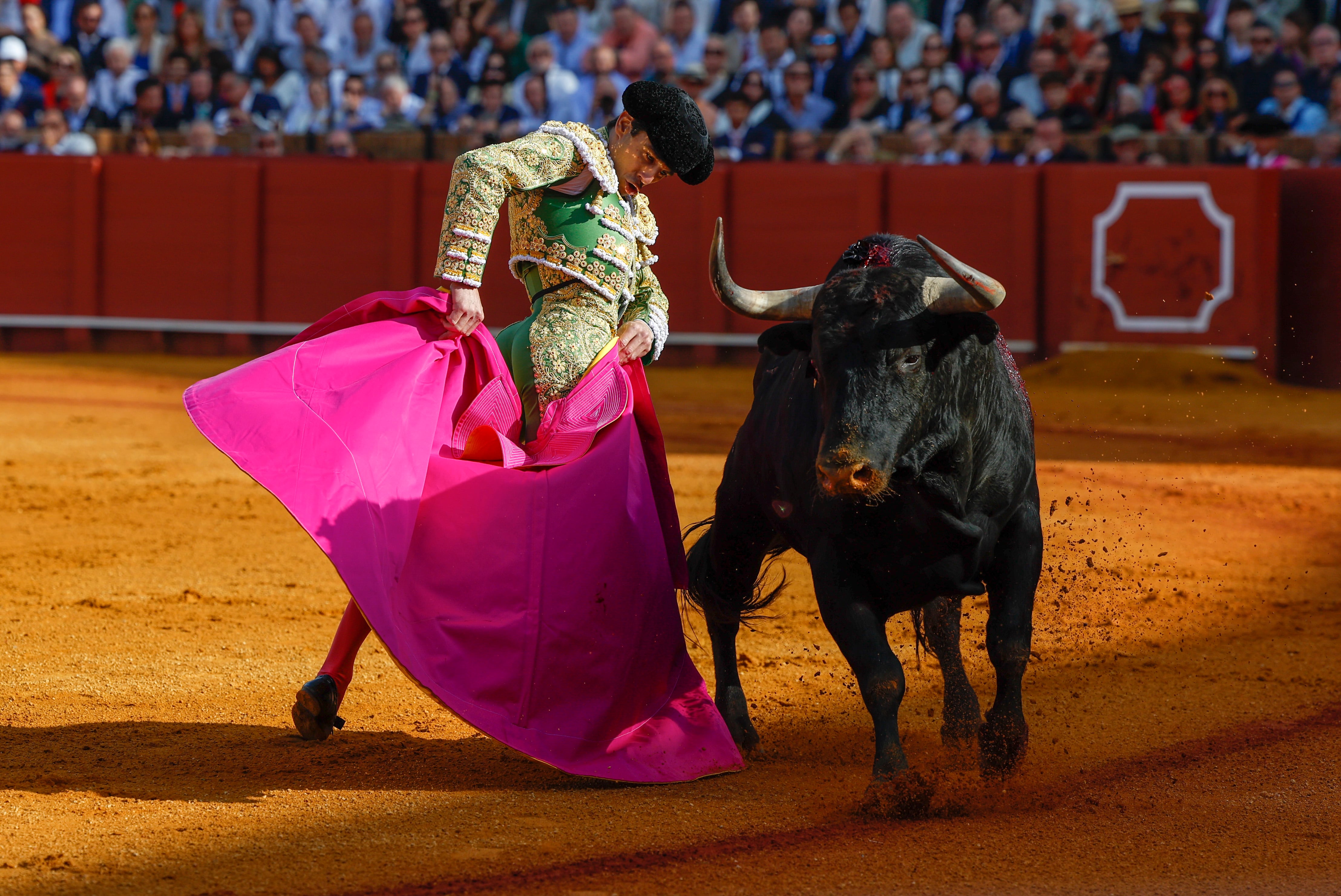 SEVILLA, 20/04/2024.- El diestro Juan Ortega con su primer toro en el penúltimo festejo de la Feria de Abril hoy sábado en la Real Maestranza de Sevilla, con toros de Victoriano del Río. EFE/ Julio Muñoz
