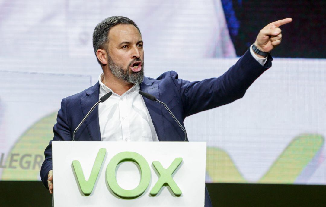 Santiago Abascal, durante su intervención en el acto central de la Asamblea General Ordinaria de VOX en el Palacio de Vistalegre el pasado 8 de marzo. 