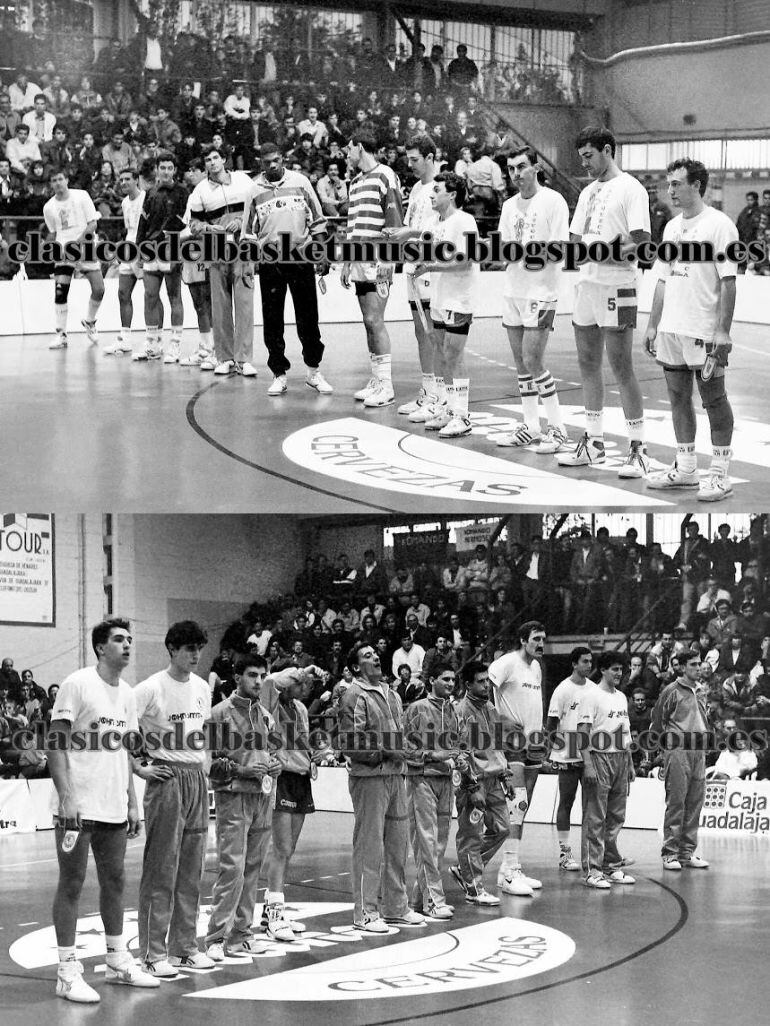 Arriba Club Baloncesto Azuqueca: De izquierda a derecha: Taeño, Oquillas, González, Amador, Hernangomez, Saulsberry, Fermosel, Moya, Rolan,Tino Gaspar y Cano. Abajo Club Baloncesto Guadalajara: De izquierda a derecha: Gustavo Diaz, Cabral, Javi Ochoa, Roc