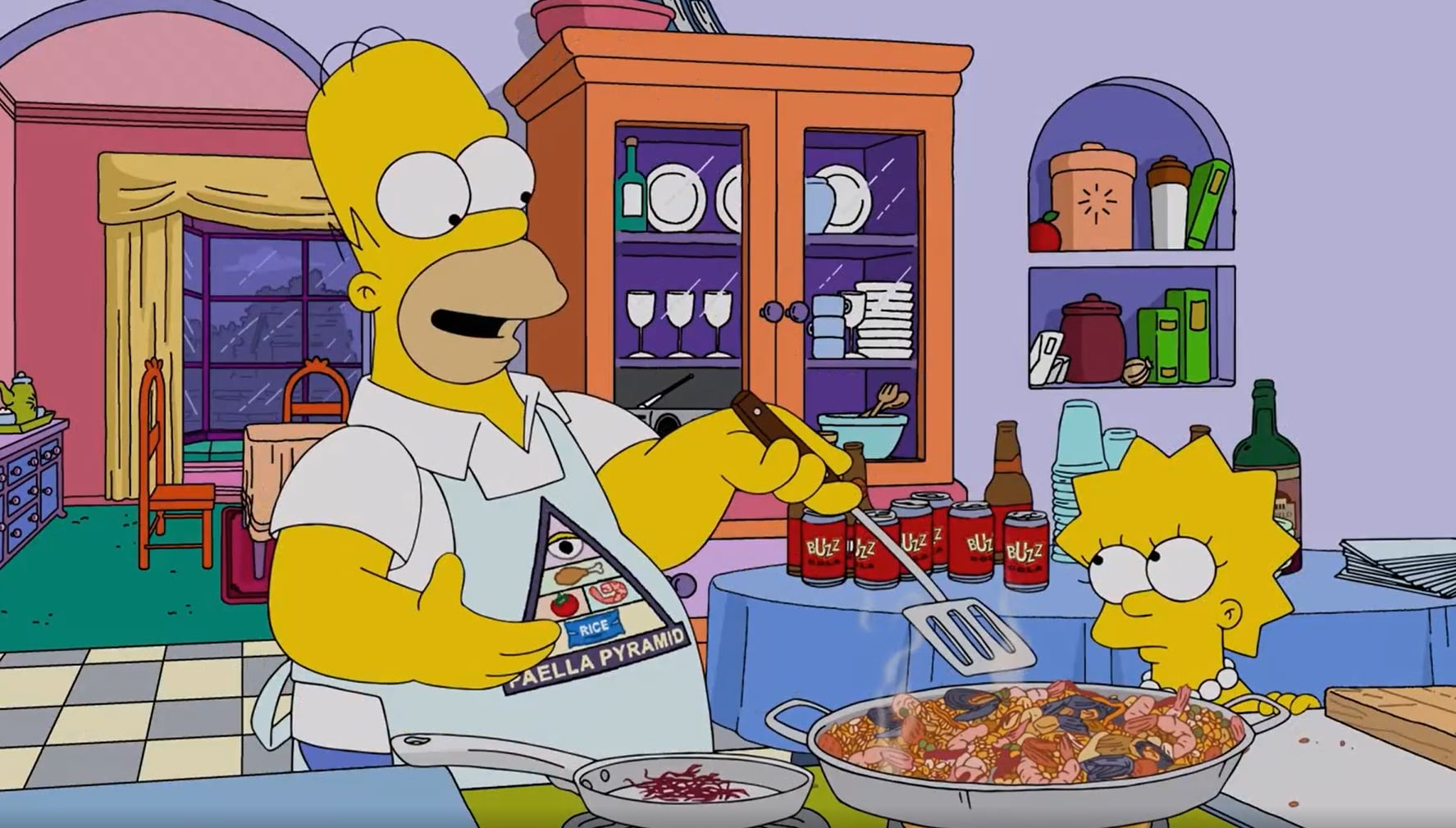 Homer Simpson haciendo la paella junto a Lisa.