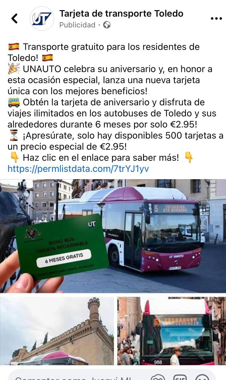 Imagen del post de Facebook en donde se anuncia el timo de las tarjetas de autobuses urbanos de Toledo