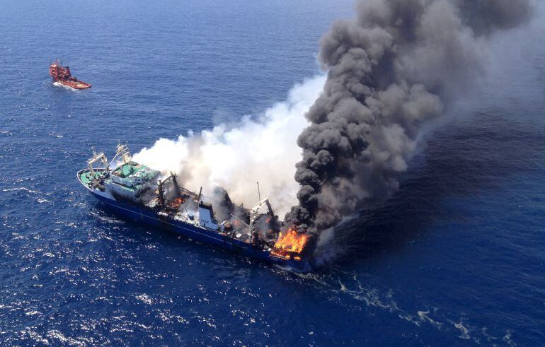 The Oleg Naydenov, a Russian fishing trawler full of fuel, which caught fire over the weekend in Gran Canaria&#039;s port of Las Palmas, can be seen in this handout picture taken April 12, 2015. The fishing trawler has sunk off the coast of Gran Canaria, in th