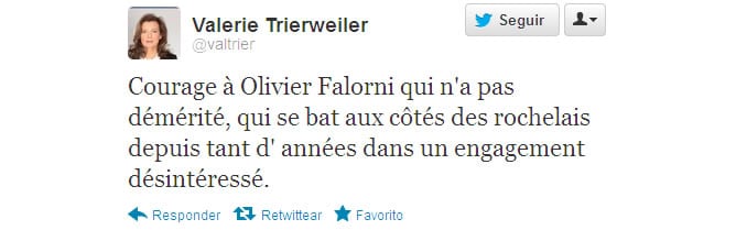 Tweet de Valerie Trierweiler mostrando su apoyo al rival político de Royal