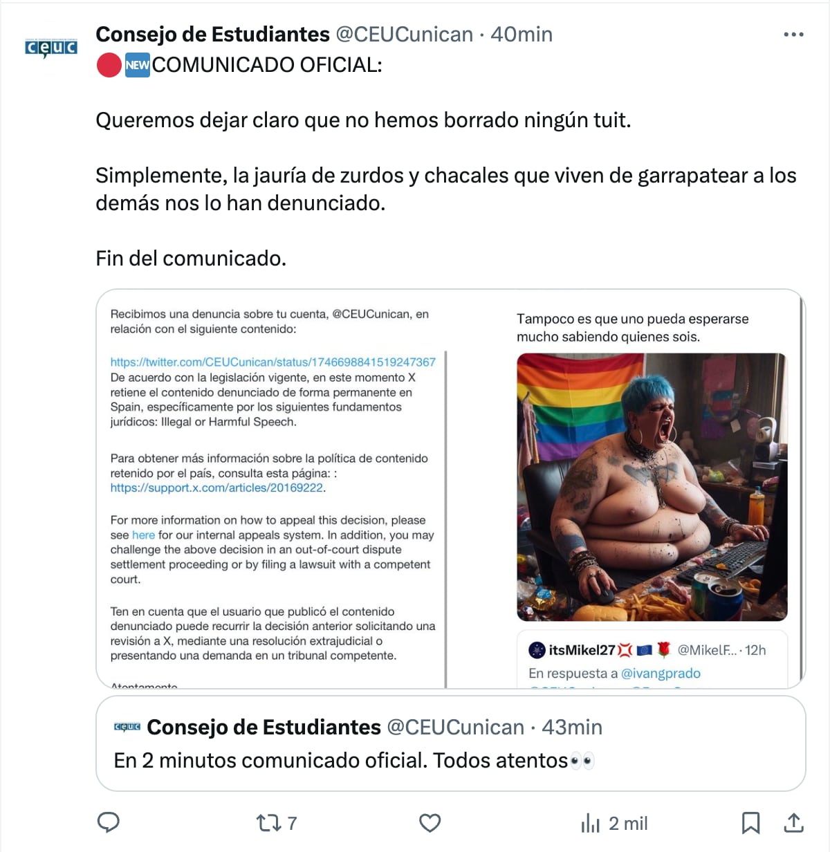 Captura de pantalla del comunicado del CEUC que posteriormente fue borrador por la propia cuenta.