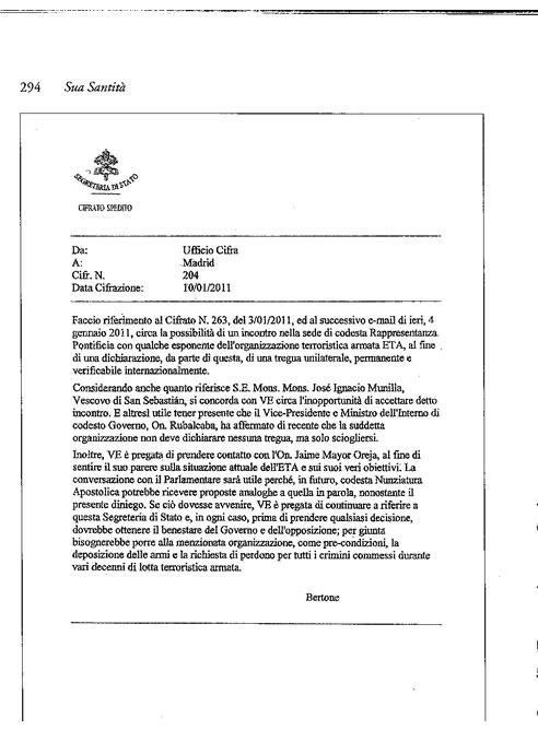 Documento de la posible reunión en la Nunciatura Apostólica de Madrid, en el 2011, con terroristas de ETA para favorecer el anuncio del final de la violencia