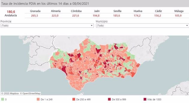 Mapa de incidencia de la Covid-19 en Andalucía