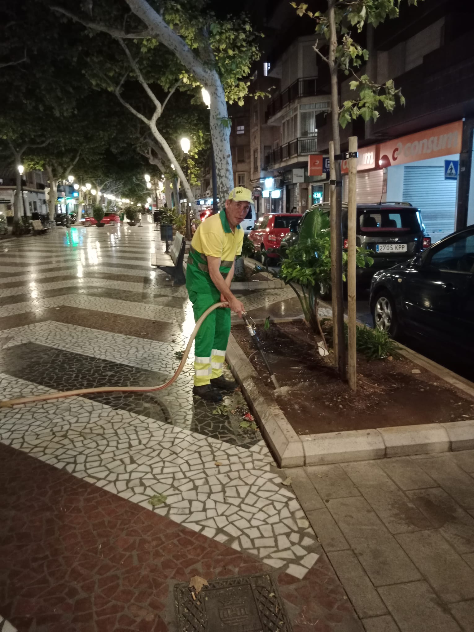 Un operario riega por la noche en el Passeig de les Germanies