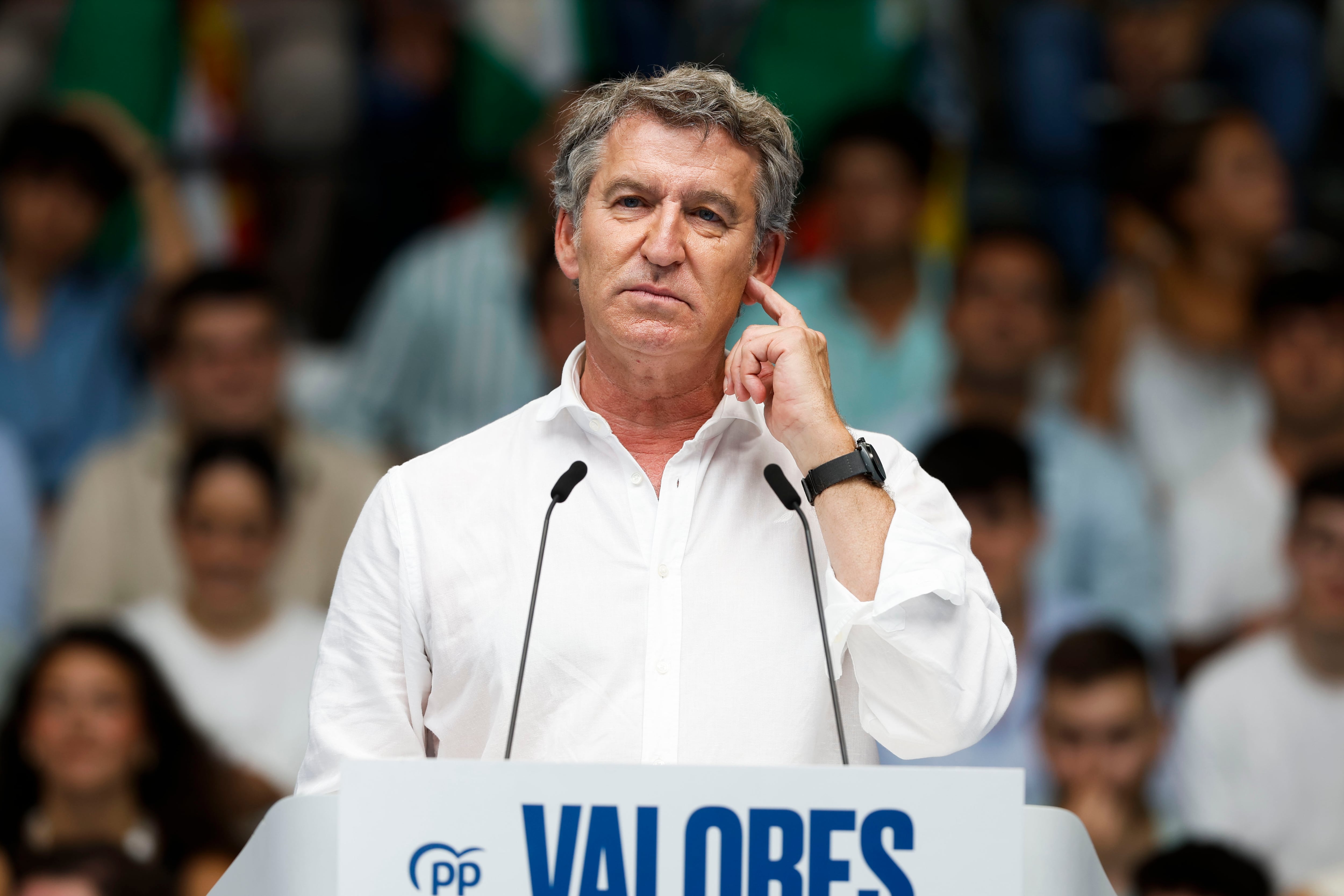 El líder del PP, Alberto Nuñez-Feijóo, interviene en un acto público con el lema "Málaga por la democracia" este domingo. EFE/ Jorge Zapata