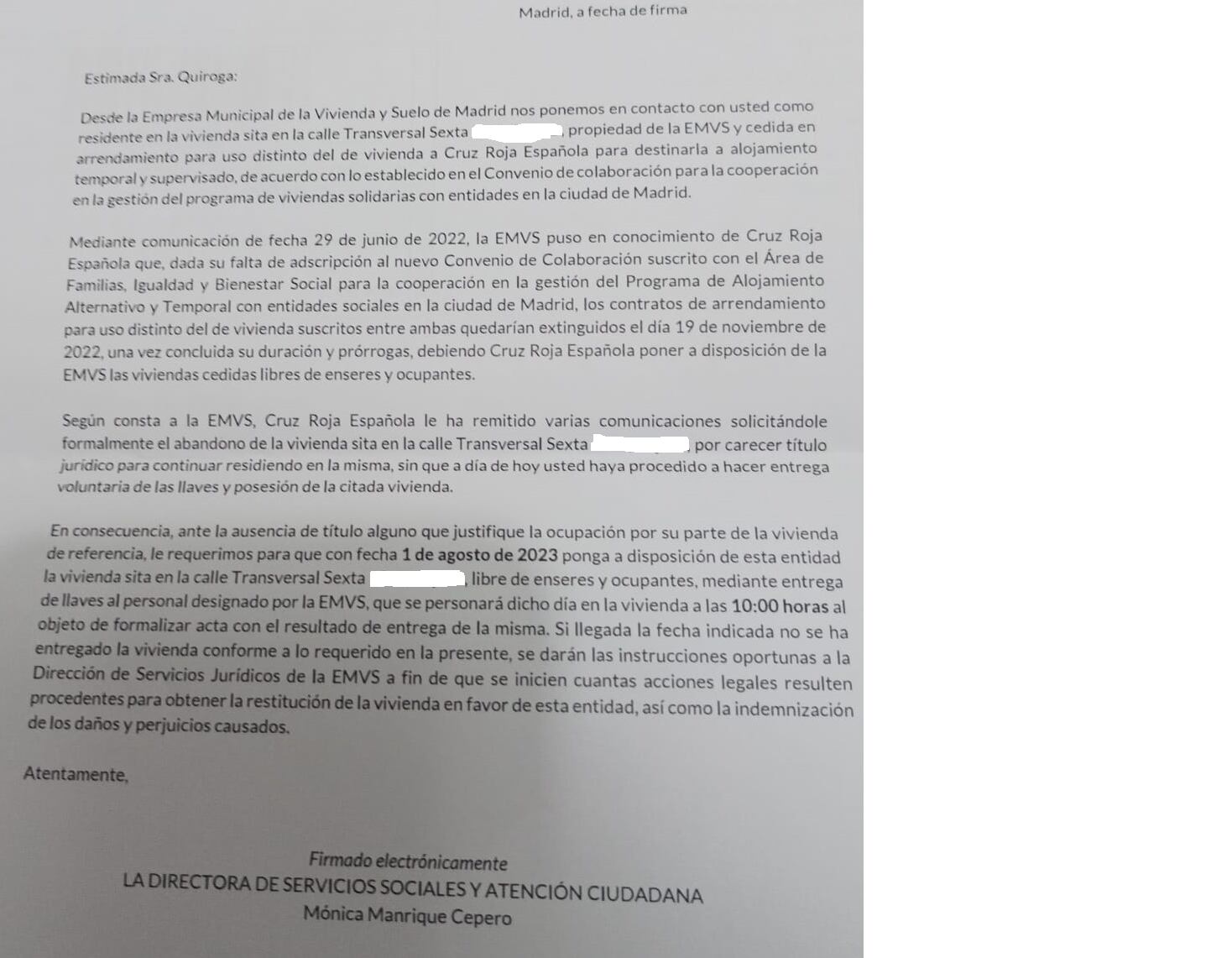 Carta que están recibiendo los vecinos para entregar las llaves de sus casas.