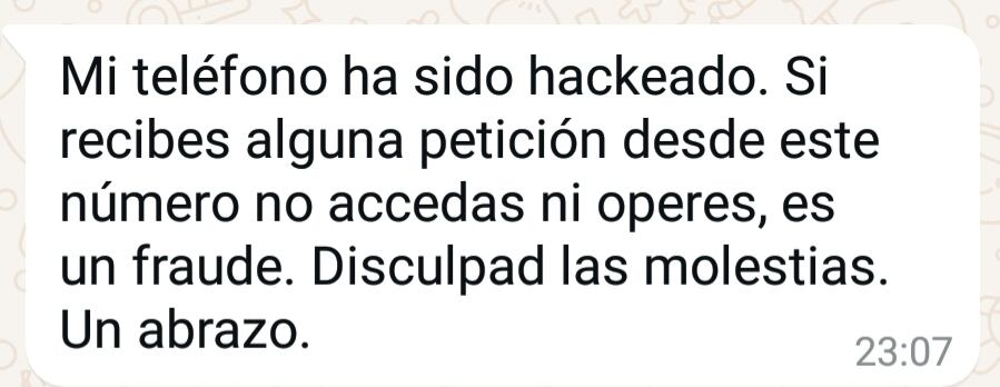 Mensaje de aclaración del móvil pirateado.