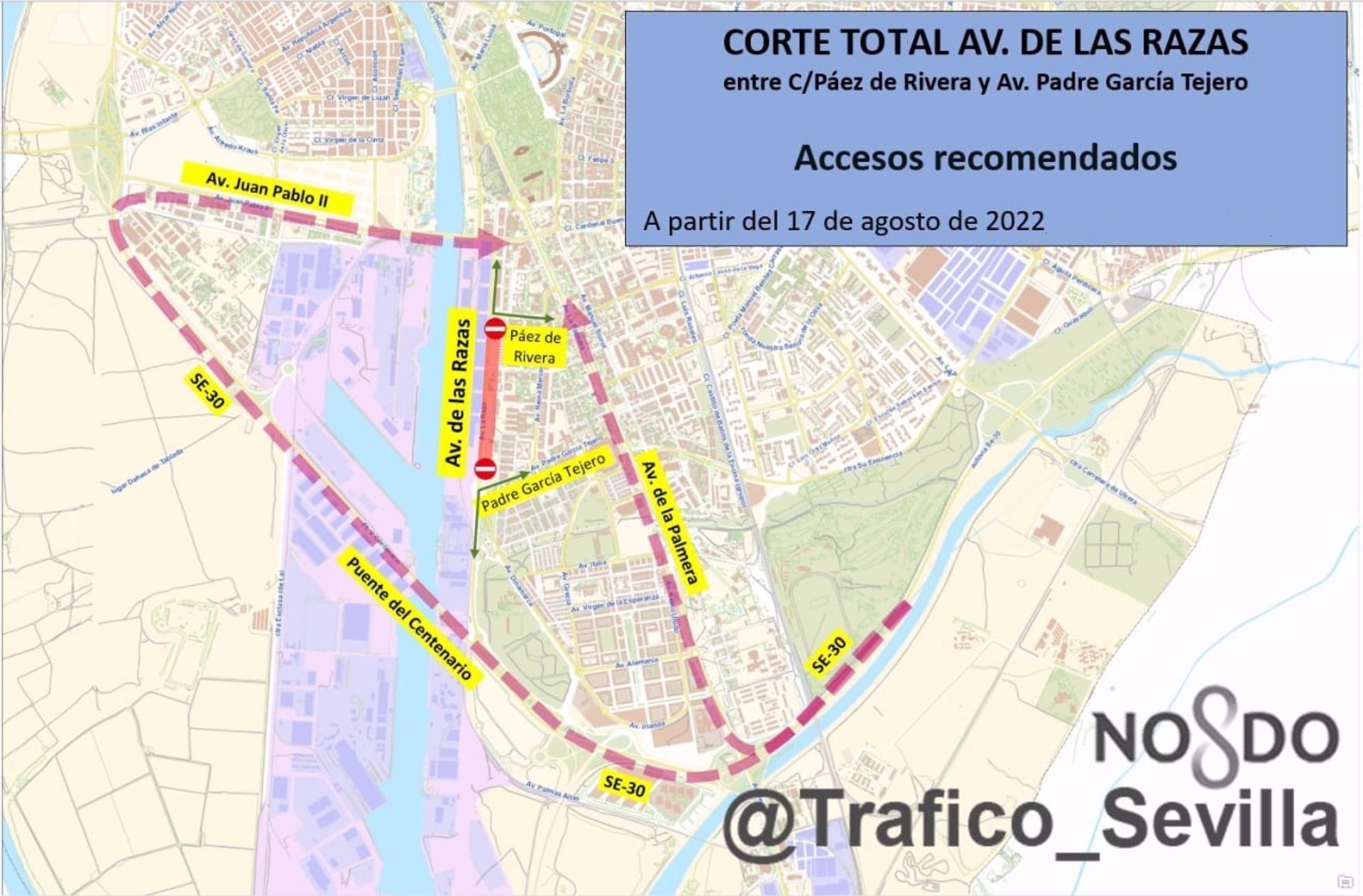 12/08/2022 [Sevilla] Nota De Prensa. Avenida De Las Razas.

El Ayuntamiento de Sevilla corta este miércoles de forma &quot;total&quot; al tráfico y durante un año la avenida de Las Razas por las obras de ampliación del colector emisario Puerto, por lo que ha habilitado un plan de tráfico con alternativas para el acceso de los residentes y los tránsitos de entrada y salida de la ciudad.

POLITICA 
AYUNTAMIENTO DE SEVILLA
