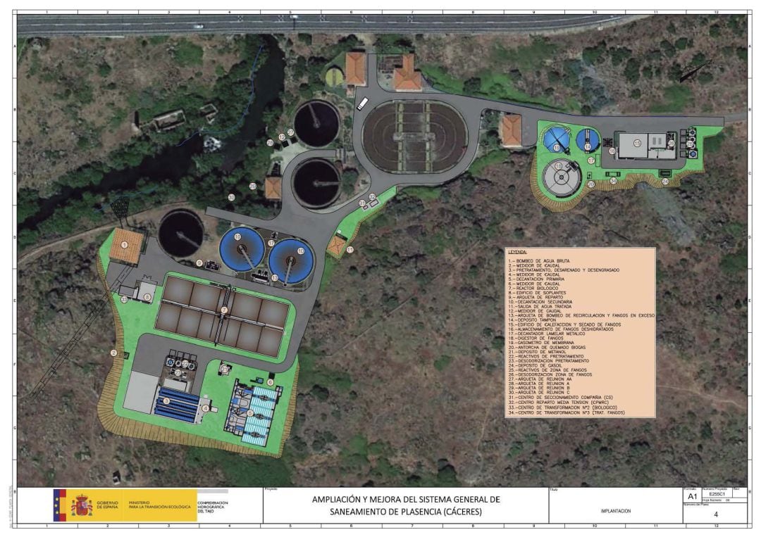 Plano de las futuras instalaciones y las actuales de la Estación Depuradora de Aguas Residuales de Plasencia