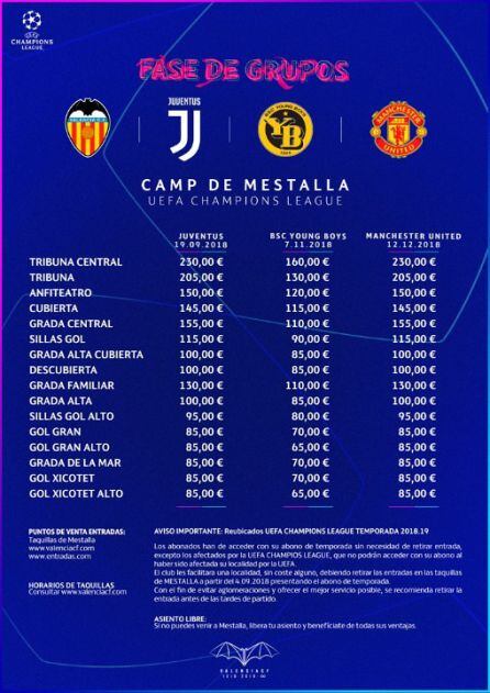 Precios de la Champions del Valencia