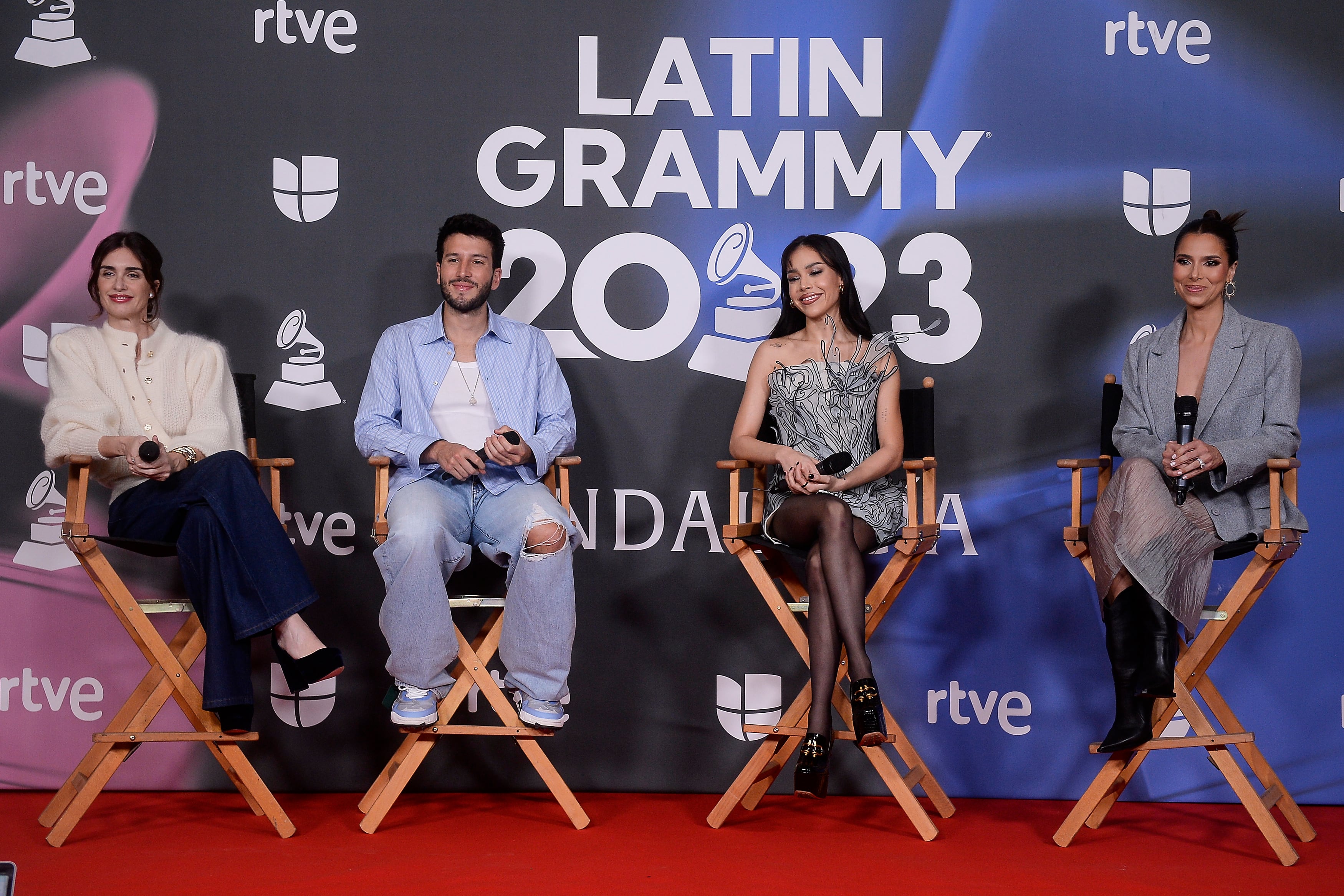 Paz Vega, Sebastián Yatra, Danna Paola y Roselyn Sánchez en la rueda de prensa previa a los premios Grammy Latinos 2023 en Sevilla (Photo by Borja B. Hojas/Getty Images for Latin Recording Academy)