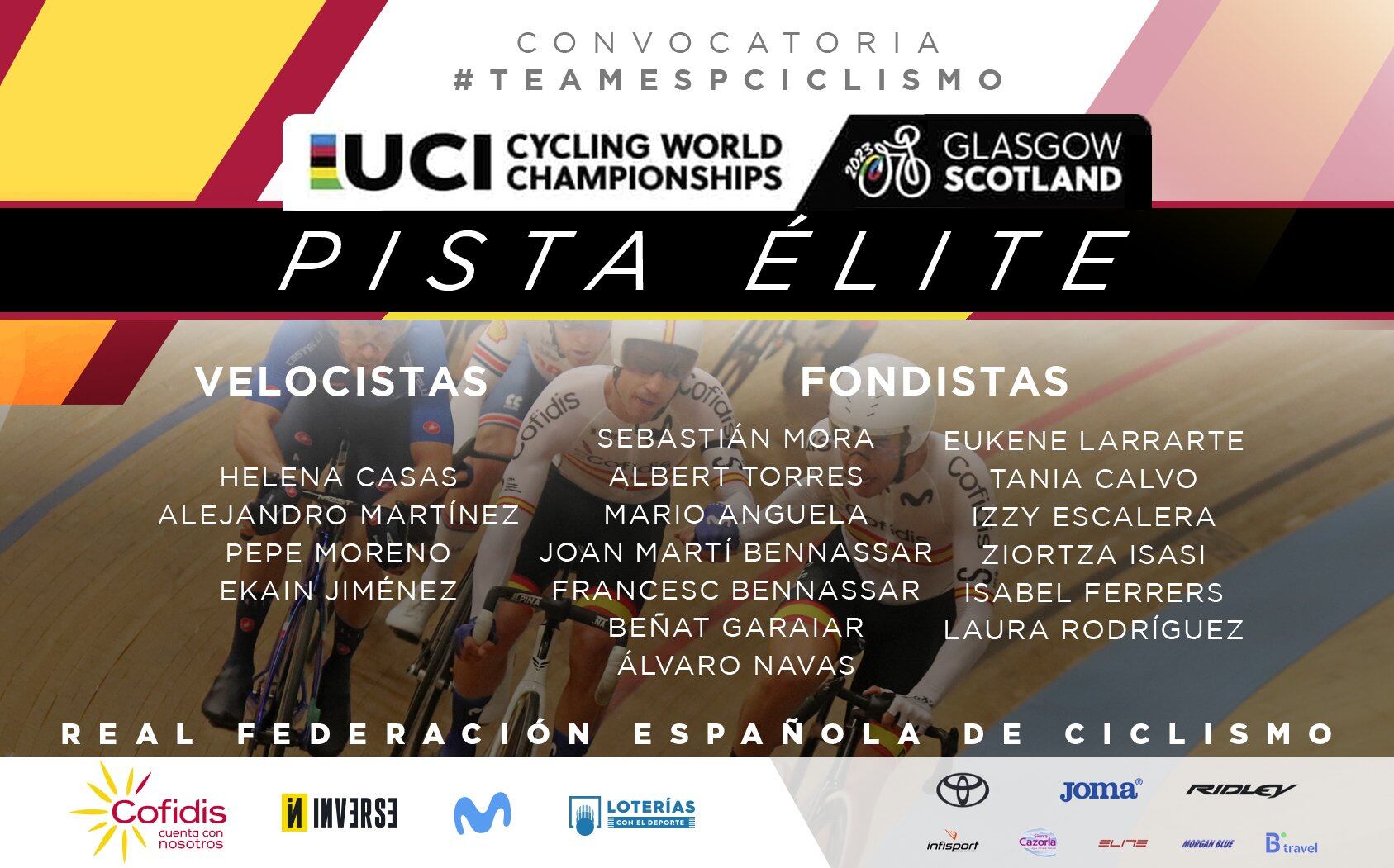 Aquesta és la llista de pistards convocats de cara al Mundial en Pista que es disputarà a Glasgow.
