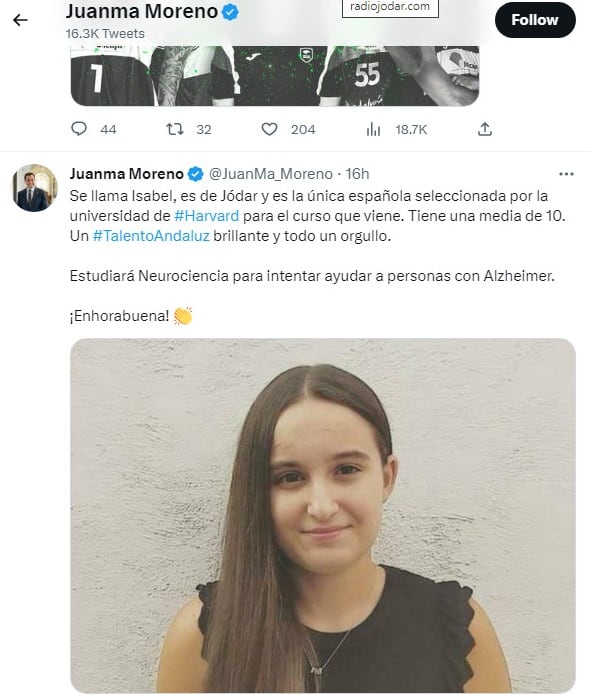 Mensaje en twitter del presidente de la Junta de Andalucía, Juan Manuel Moreno