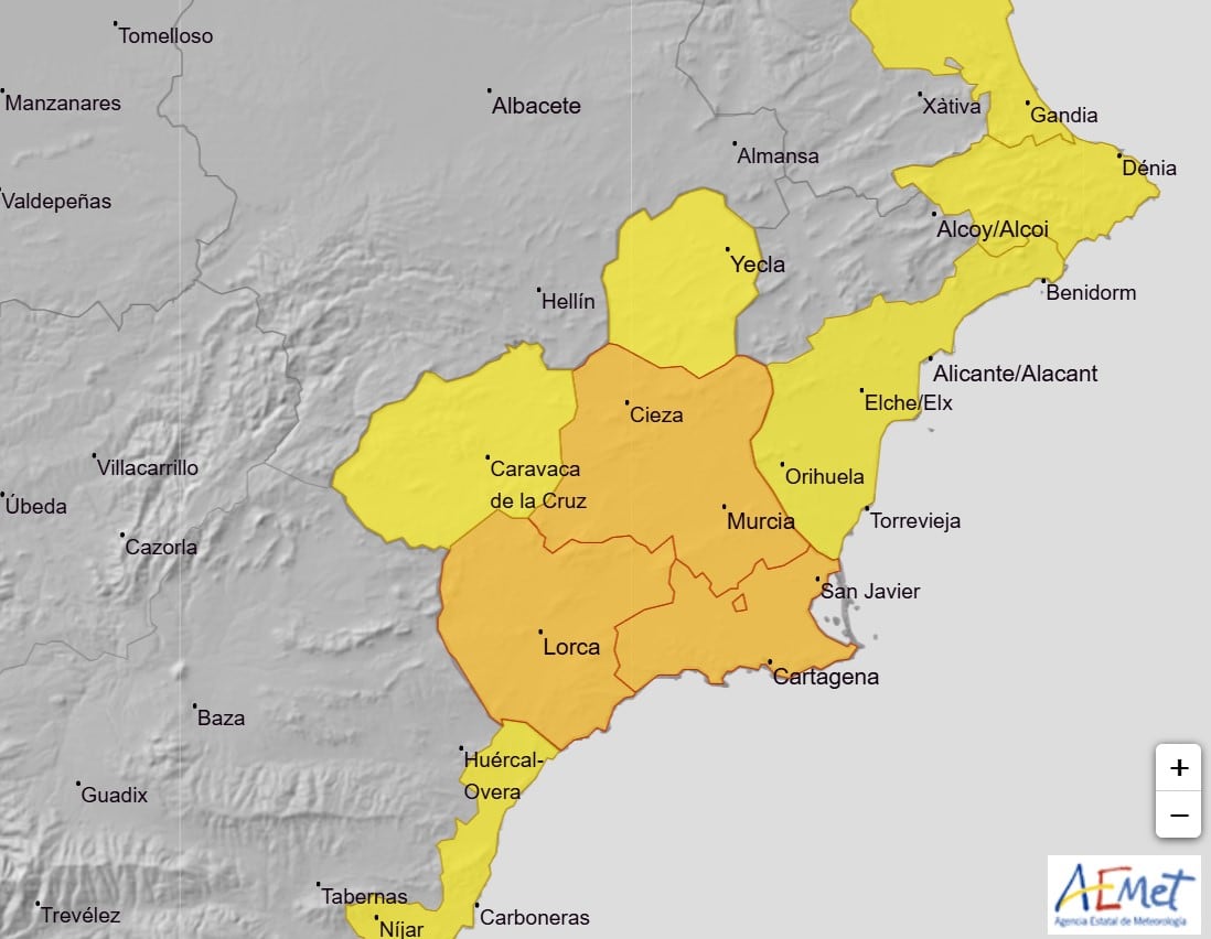 La AEMET eleva a naranja el aviso por lluvias de hasta 40 l/m