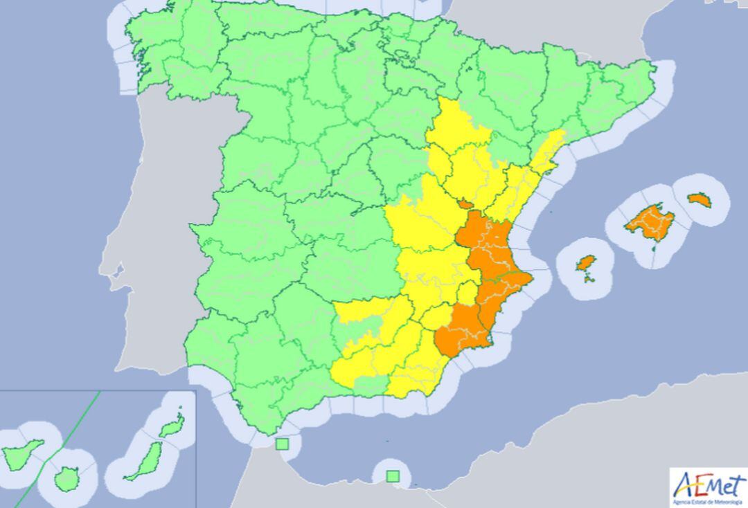 Mapa de alerta naranja en la comarca de la Safor para el lunes y martes, 26 y 27 de agosto.  