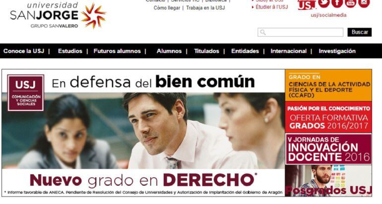 Captura de la página web de la Universidad San Jorge donde anuncian el nuevo grado en Derecho