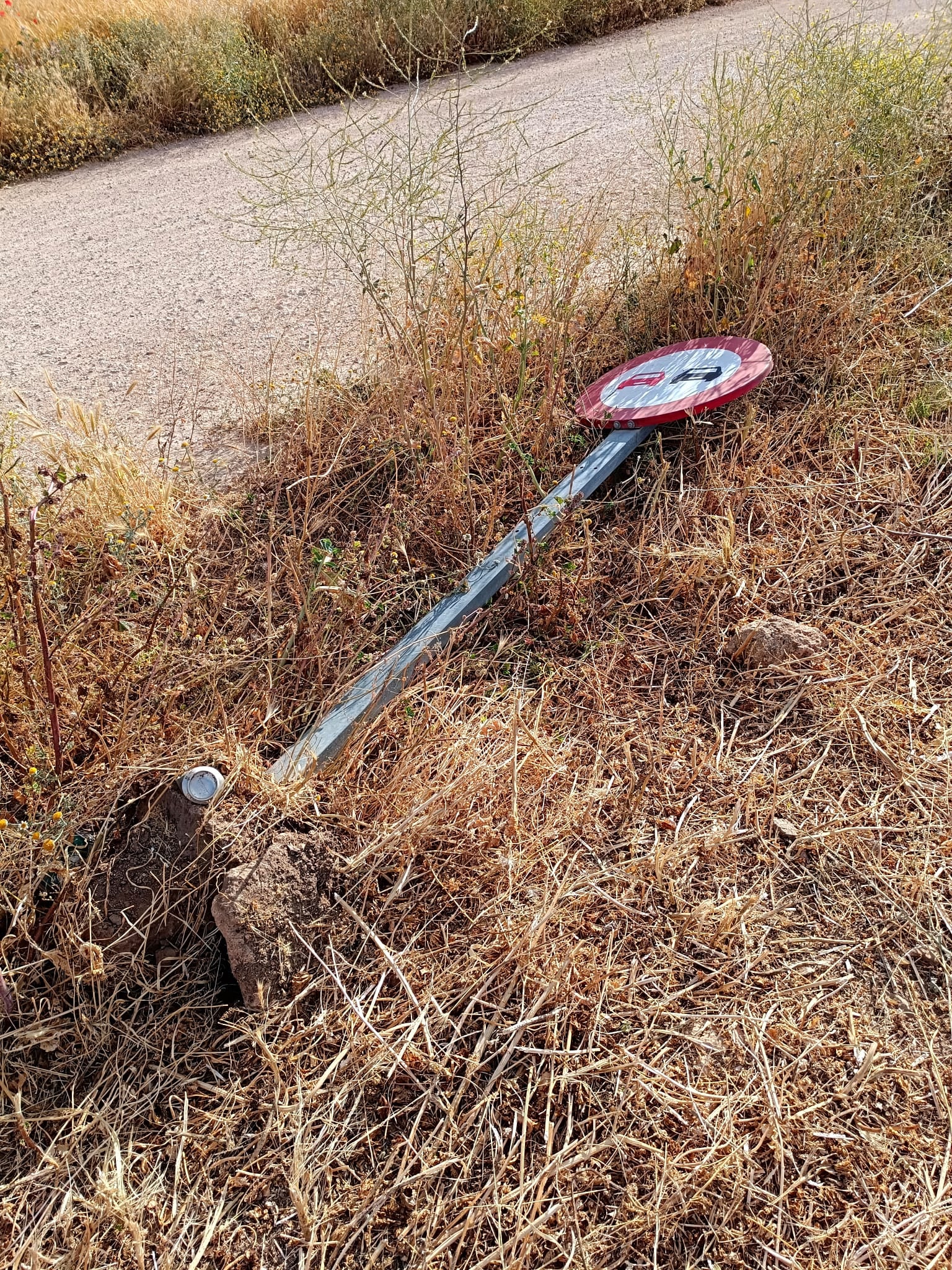 Señal arrancada y tirada en el suelo