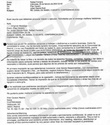 Documento incorporado al sumario judicial del caso Lezo relativo al encargo del informe de Inassa por parte de Ignacio González, expresidente de Madrid