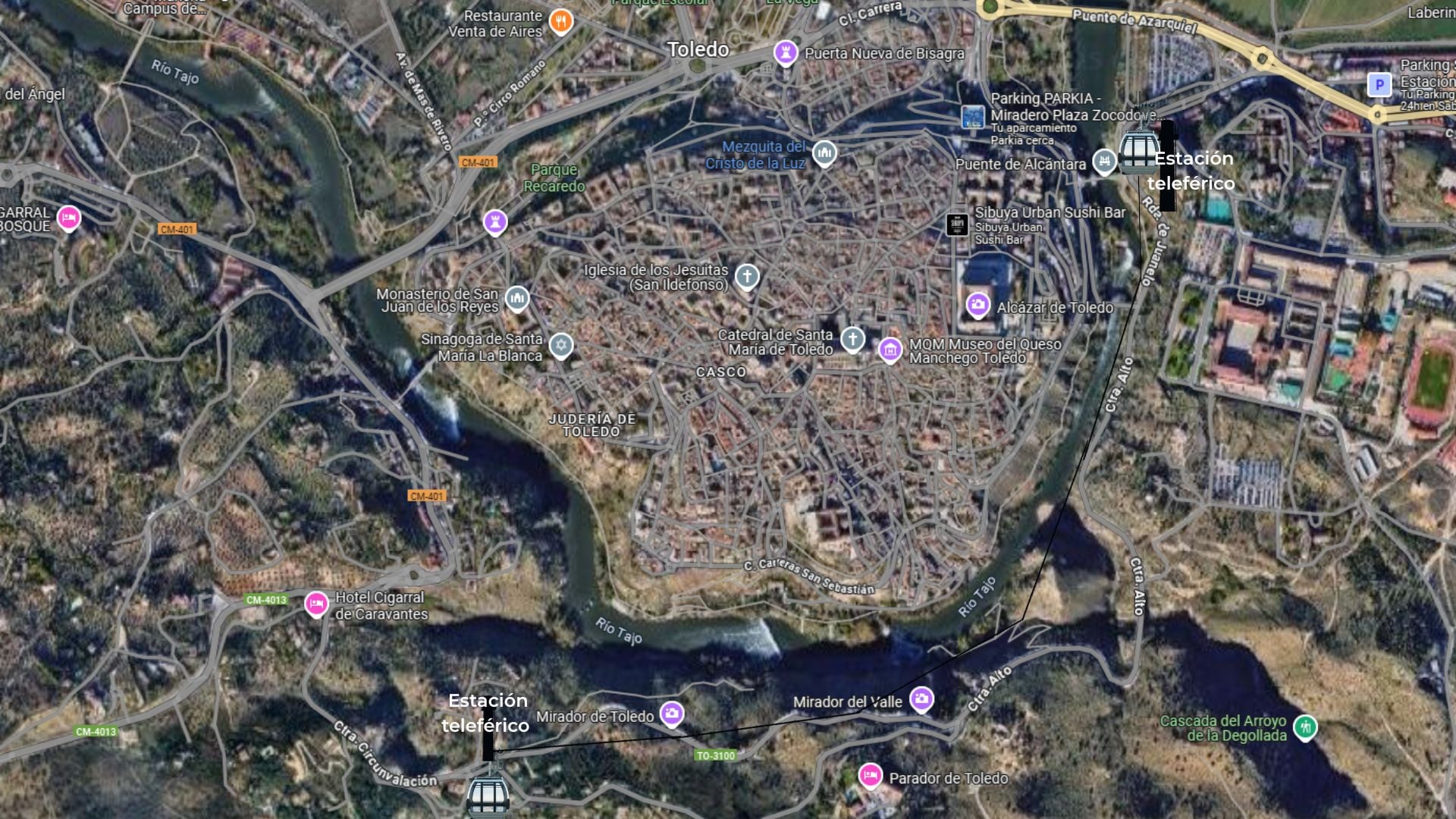 Itinerario que tendría el teleférico de Toledo