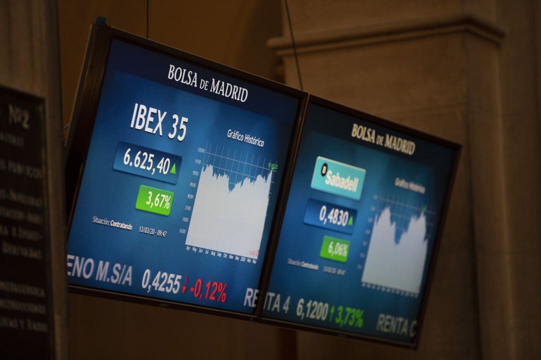 Pantalla muestran información sobre el Ibex durante la sesión de este martes 17 de marzo.