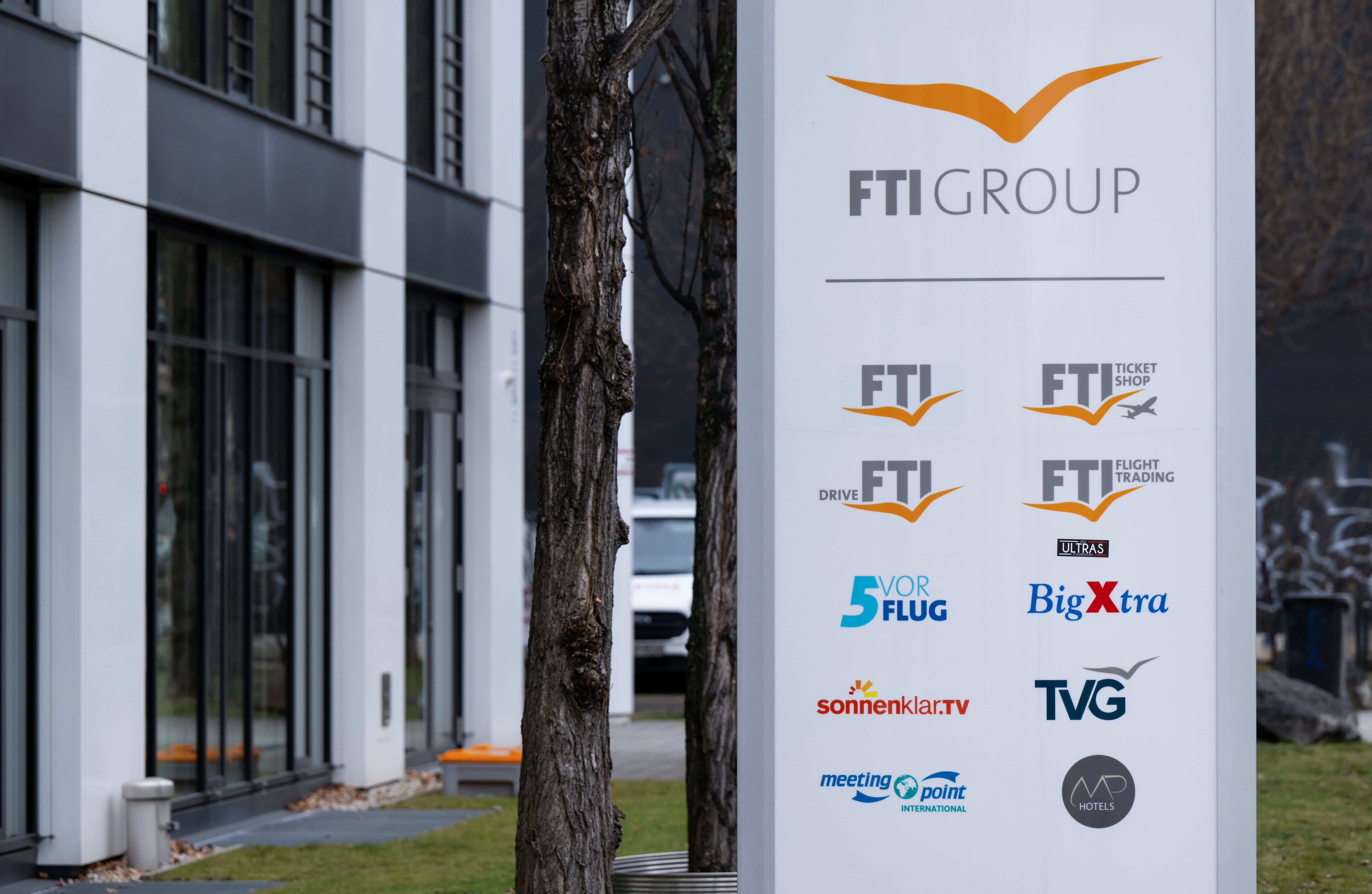 31 January 2023, Bavaria, Munich: The logo of the tour operator FTI (FTI Group) is in front of the company headquarters. Photo: Sven Hoppe/dpa (Photo by Sven Hoppe/picture alliance via Getty Images)