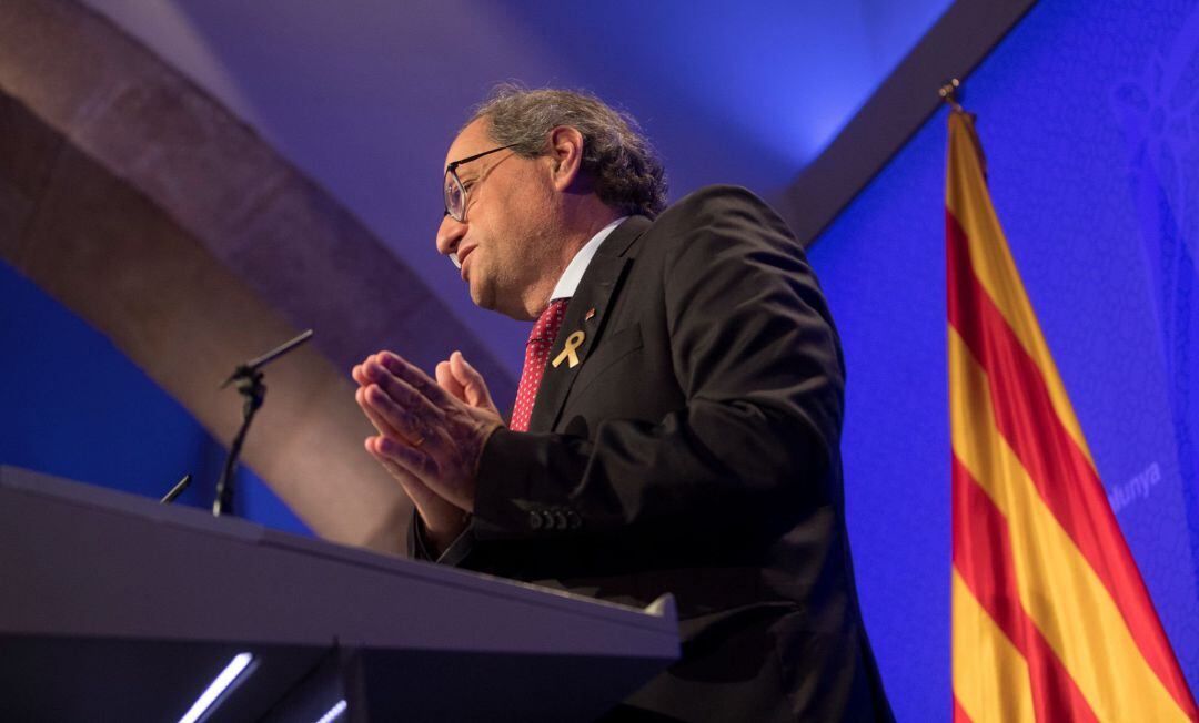 El presidente de la Generalitat, Quim Torra, durante su comparecencia en rueda de prensa, en la que ha presentado los ejes de acción del Plan de Gobierno de la presente legislatura