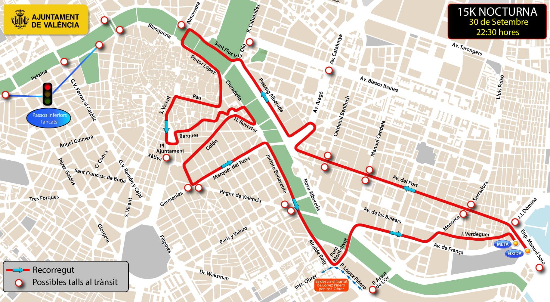 Mapa de cortes de tráfico en València este sábado, 30 de octubre, con motivo de la carrera 15K nocturna.