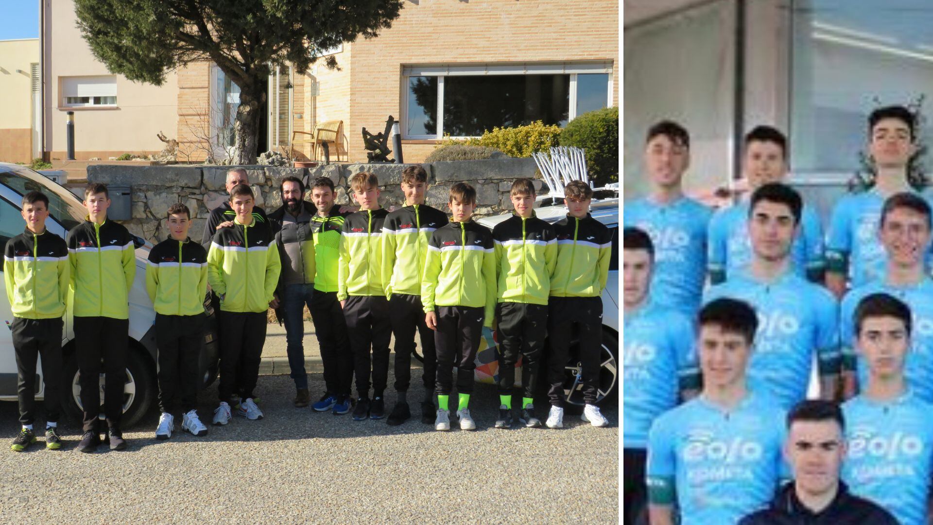 El equipo cadete del Veloclub (i) y el júnior Álvar Martín con el maillot del Eolo Kometa
