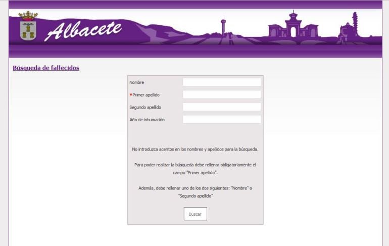 Captura de pantalla del buscador de fallecidos en el cementerio de Albacete