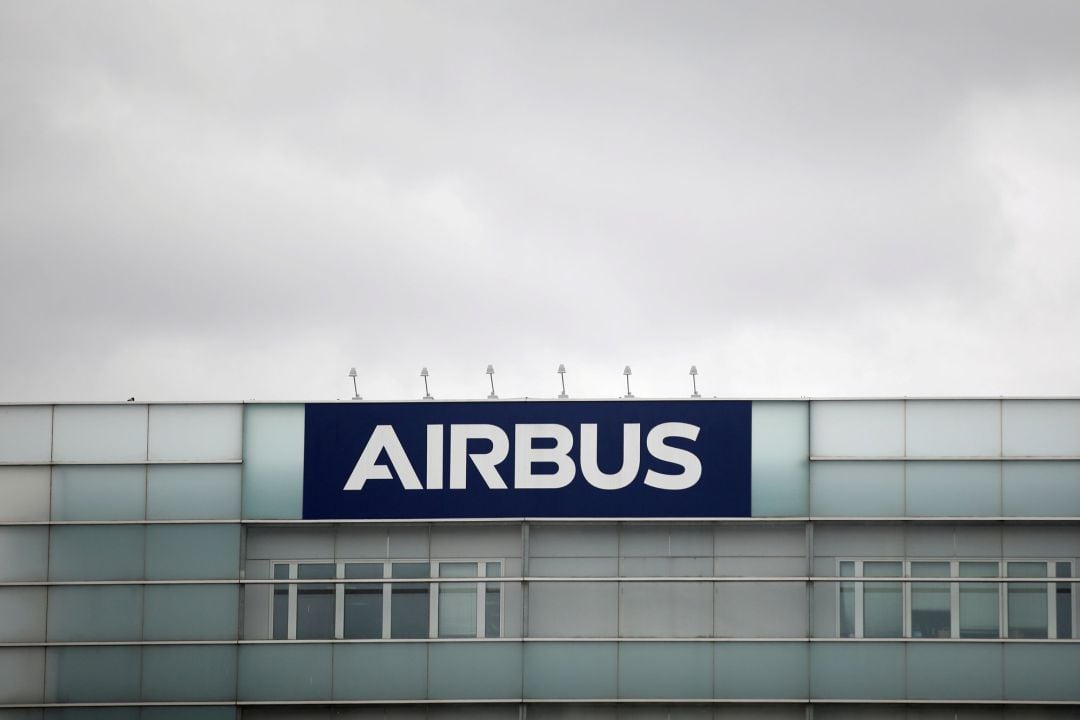 A logo of Airbus is seen at the entrance of its factory