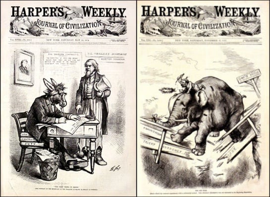 Portadas de la revista Harper&#039;s Weekly en las que demócratas y republicanos están representados con un animal