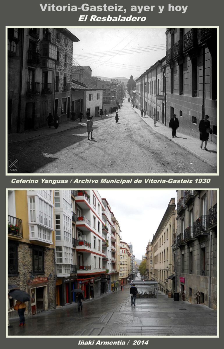 El Resbaladero en la calle Fueros en 1934 y 2014