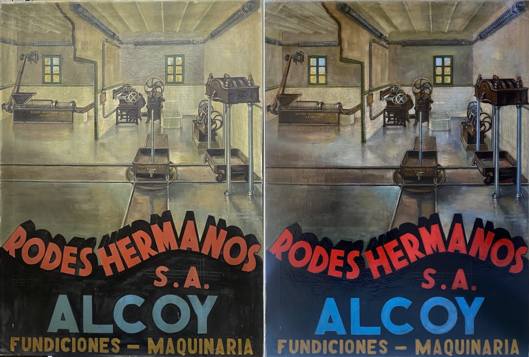 El antes y el después de la restauración del cartel publicitario de Rodes Hermanos Alcoy.