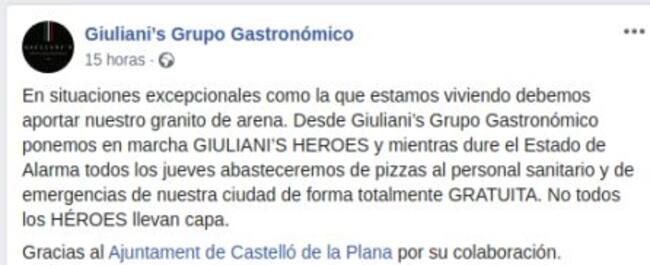 Mensaje de Giuliani's en su perfil de facebook
