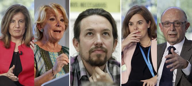 La ministra de Empleo, Fátima Báñez; la presidenta del PP de Madrid, Esperanza Aguirre; el líder de Podemos, Pablo Iglesias; la vicepresidenta del Gobierno, Soraya Sáenz de Santamaría y el ministro de Hacienda, Cristóbal Montoro.