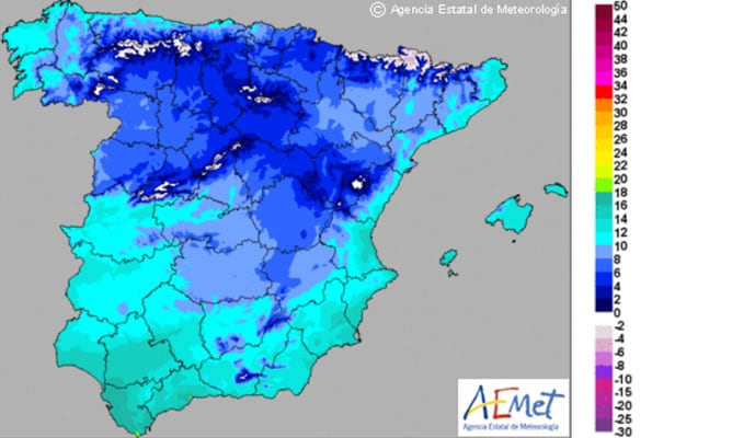 Mapa de temperaturas mínimas para el martes 26 de noviembre