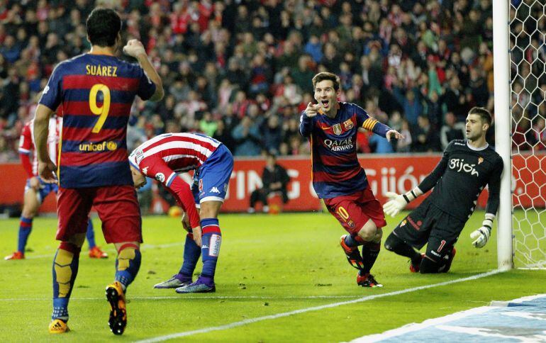 Messi celebra su segundo gol ante el Sporting.