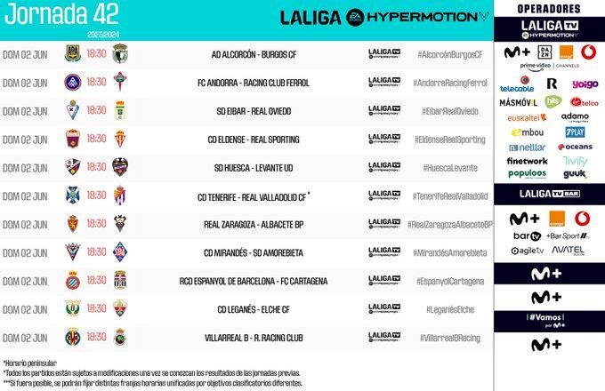 Horarios de la jornada 42 de la Liga Hypermotion